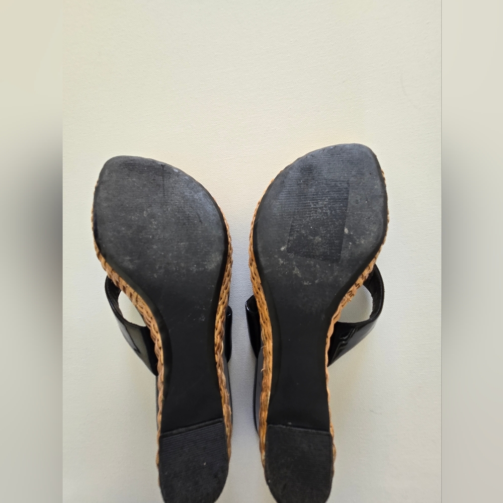 Paolo Black Patent Wedge Sandals Leopard Footbed Thong 3” Heel - Picture 10 of 11